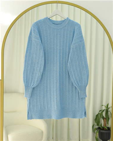 Fitilli Yırtmaçlı Yumoş Triko Tunik -Açık Mavi