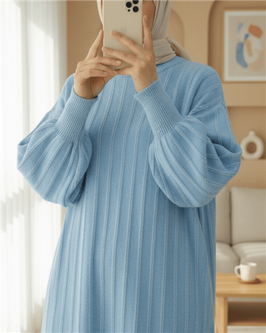 Fitilli Yırtmaçlı Yumoş Triko Tunik -Açık Mavi