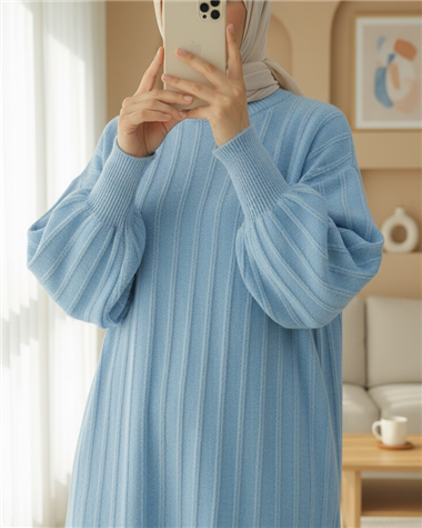 Fitilli Yırtmaçlı Yumoş Triko Tunik -Açık Mavi