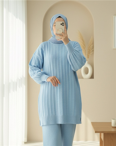 Fitilli Yırtmaçlı Yumoş Triko Tunik -Açık Mavi