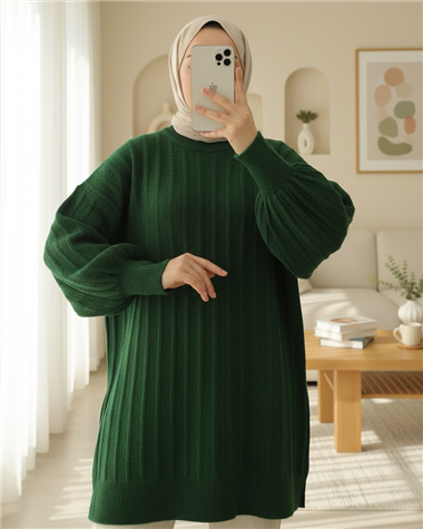 Fitilli Yırtmaçlı Yumoş Triko Tunik -Koyu Yeşil