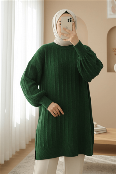 Fitilli Yırtmaçlı Yumoş Triko Tunik -Koyu Yeşil