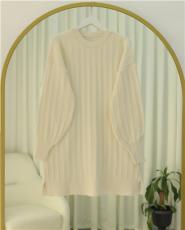 Fitilli Yırtmaçlı Yumoş Triko Tunik -Krem