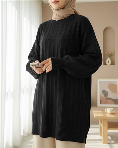 Fitilli Yırtmaçlı Yumoş Triko Tunik -Siyah