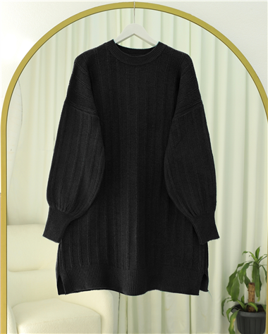 Fitilli Yırtmaçlı Yumoş Triko Tunik -Siyah