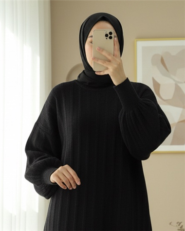 Fitilli Yırtmaçlı Yumoş Triko Tunik -Siyah