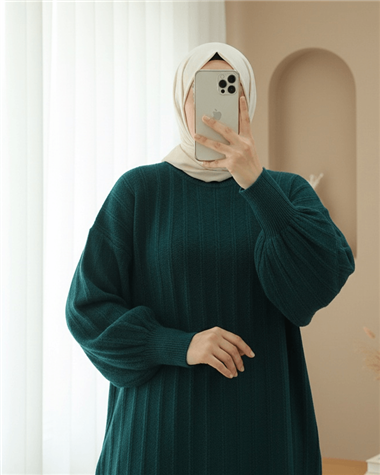 Fitilli Yırtmaçlı Yumoş Triko Tunik -Zümrüt