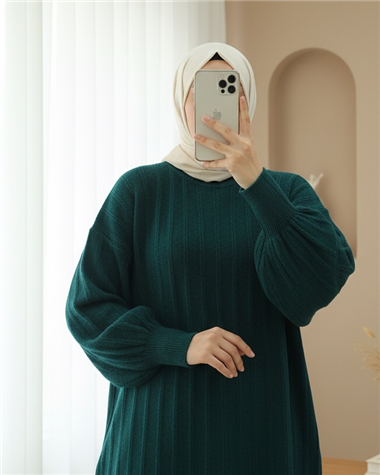 Fitilli Yırtmaçlı Yumoş Triko Tunik -Zümrüt