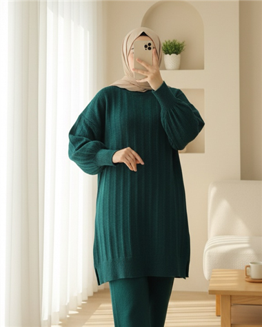 Fitilli Yırtmaçlı Yumoş Triko Tunik -Zümrüt