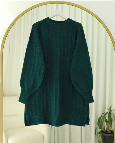 Fitilli Yırtmaçlı Yumoş Triko Tunik -Zümrüt