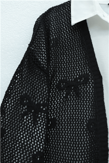 Fiyonk Desenli Ajurlu Triko Hırka -Siyah