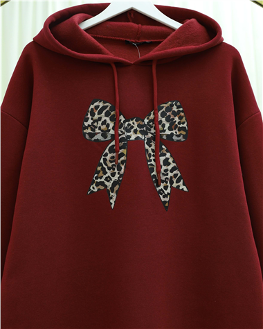 Fiyonk Detaylı Kapşonlu Penye Sweat -Bordo