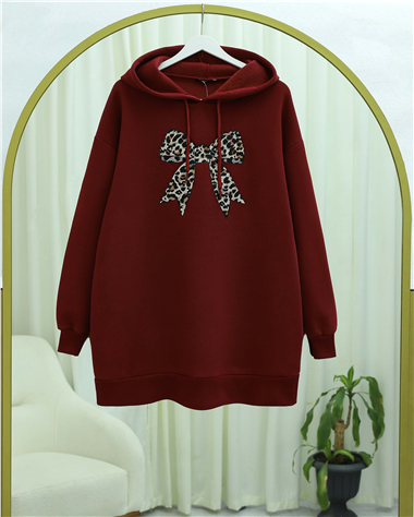 Fiyonk Detaylı Kapşonlu Penye Sweat -Bordo
