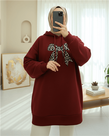 Fiyonk Detaylı Kapşonlu Penye Sweat -Bordo