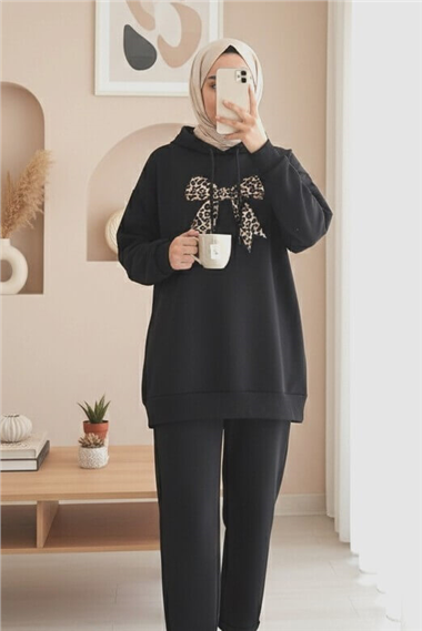 Fiyonk Detaylı Kapşonlu Penye Sweat -Siyah
