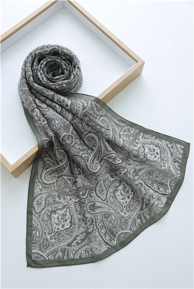 Geleneksel Floral Desenli Coton Şal -Haki