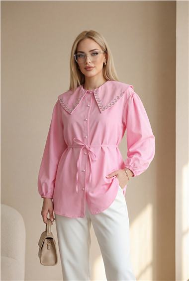 Geniş Yaka Yakası Taşlı Kolu Lastikli Düğmeli Bağcıklı  Gömlek  -Pembe
