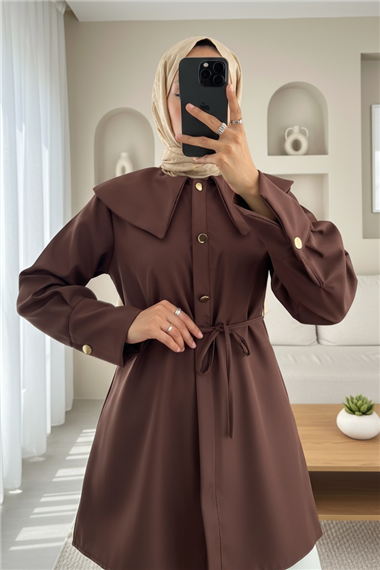 Geniş Yakalı Beli Bağlamalı Bonding Kap -Kahve