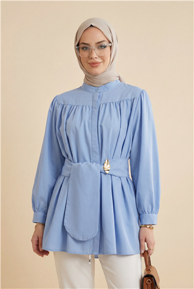 Gizli Düğmeli Kuşaklı Poplin Tunik -Bebe Mavi