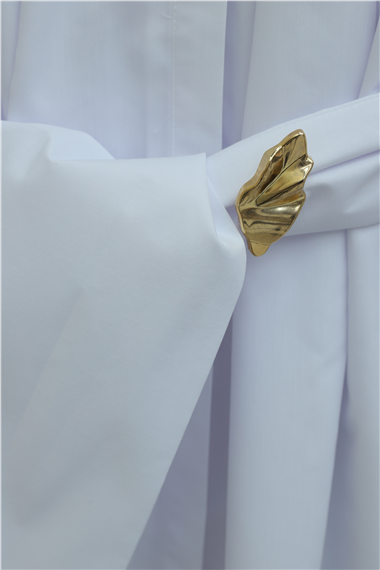 Gizli Düğmeli Kuşaklı Poplin Tunik -Beyaz