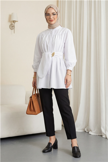 Gizli Düğmeli Kuşaklı Poplin Tunik -Beyaz