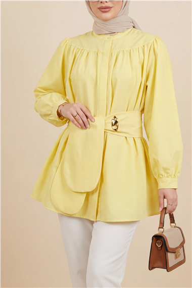 Gizli Düğmeli Kuşaklı Poplin Tunik -Sarı