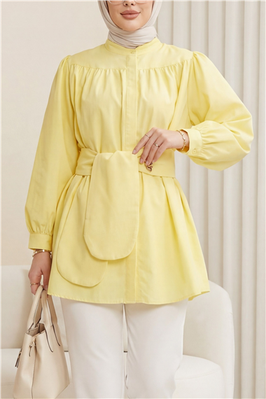 Gizli Düğmeli Kuşaklı Poplin Tunik -Sarı