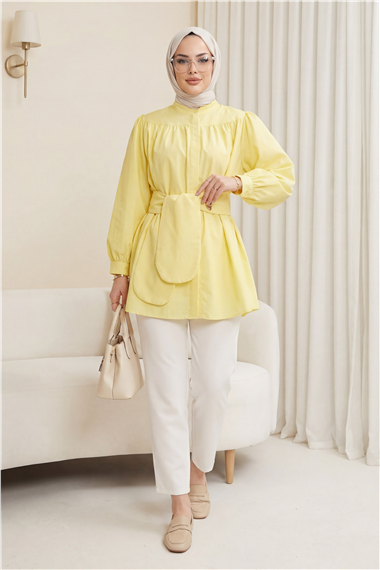 Gizli Düğmeli Kuşaklı Poplin Tunik -Sarı