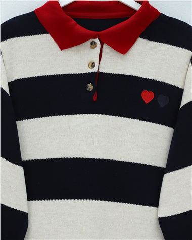 Womens Shirt-Collar Button-Front Heart Embroidered Knit Tunic - Navy