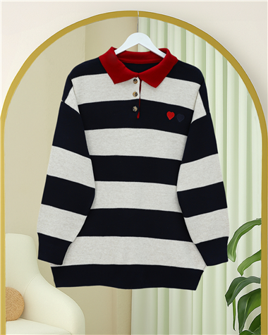 Womens Shirt-Collar Button-Front Heart Embroidered Knit Tunic - Navy