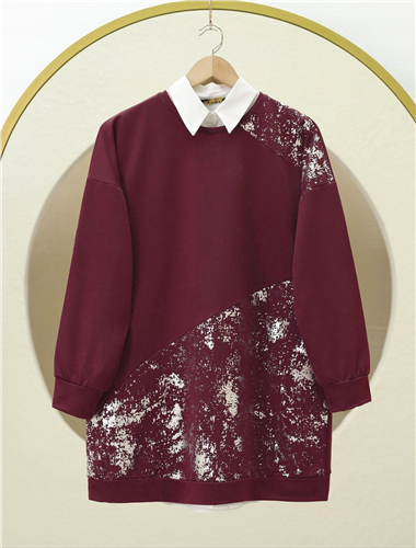 Gümüş Baskılı Parçalı Bisiklet Yaka Tunik  -Bordo