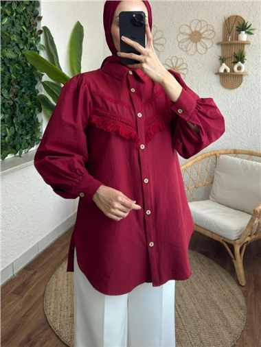 Güpür Püsküllü Ham Cupra Balon Kol Gömlek -Bordo