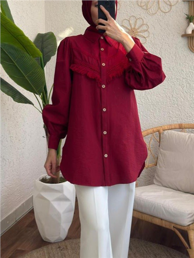 Güpür Püsküllü Ham Cupra Balon Kol Gömlek -Bordo