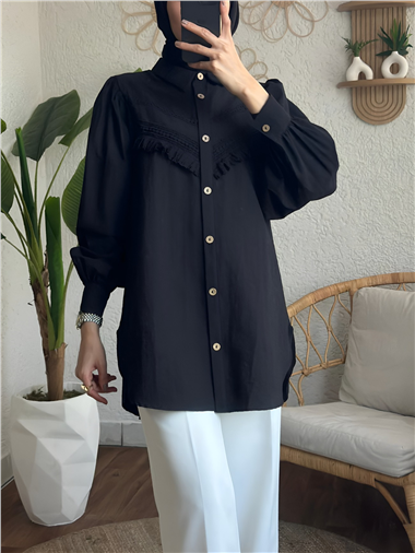 Güpür Püsküllü Ham Cupra Balon Kol Gömlek -Siyah