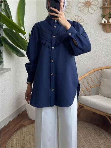 Güpür Püsküllü Ham Cupra Balon Kol Gömlek -İndigo