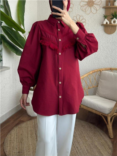 Güpür Püsküllü Ham Cupra Balon Kol Gömlek -Bordo