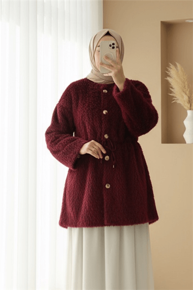 İçi Astarlı Beli Büzgülü Kürklü Ceket -Bordo