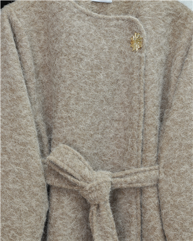 İçi Astarlı Tek Düğmeli Kemerli Sakallı Kap -Bej