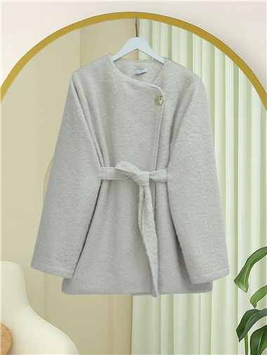 İçi Astarlı Tek Düğmeli Kemerli Sakallı Kap -Krem