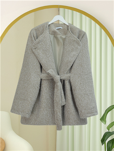 İçi Astarlı Tek Düğmeli Kemerli Sakallı Kap -Taş