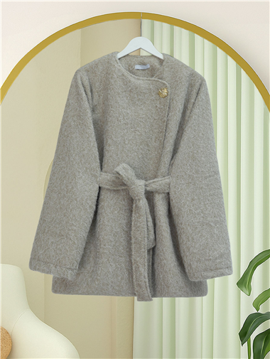 İçi Astarlı Tek Düğmeli Kemerli Sakallı Kap -Taş