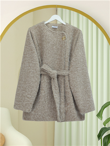 İçi Astarlı Tek Düğmeli Kemerli Sakallı Kap -Bej