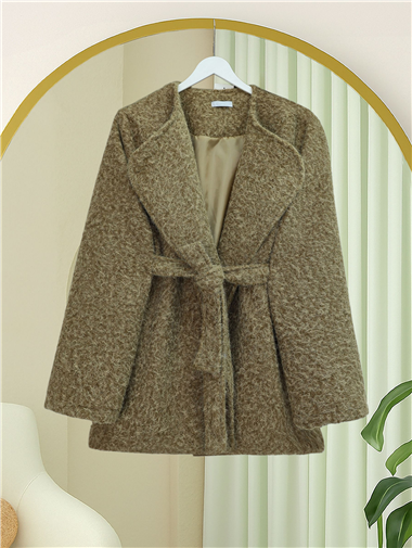 İçi Astarlı Tek Düğmeli Kemerli Sakallı Kap -Karamel