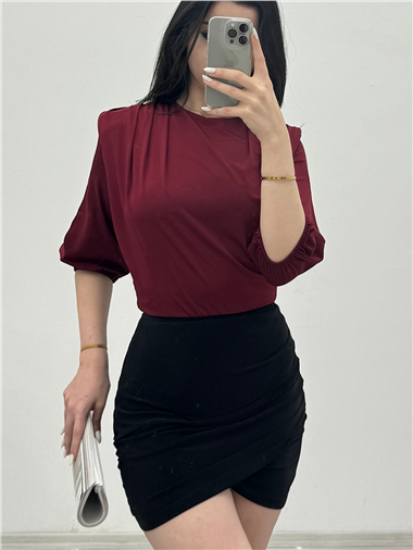 İçi Tulumlu Omuzdan Büzgülü Vatkalı Sendy Bluz -Bordo