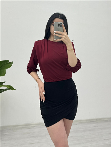 İçi Tulumlu Omuzdan Büzgülü Vatkalı Sendy Bluz -Bordo