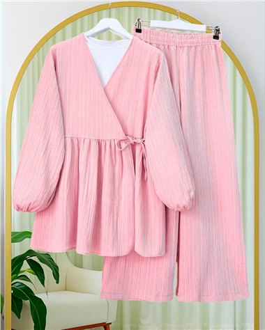 İçten Bağlamalı Tunik Bol Paça Pantolonlu Takım -Pembe
