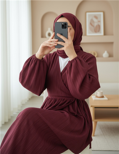 İçten Bağlamalı Tunik Bol Paça Pantolonlu Takım -Bordo