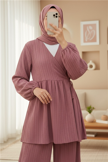 İçten Bağlamalı Tunik Bol Paça Pantolonlu Takım -Vişne