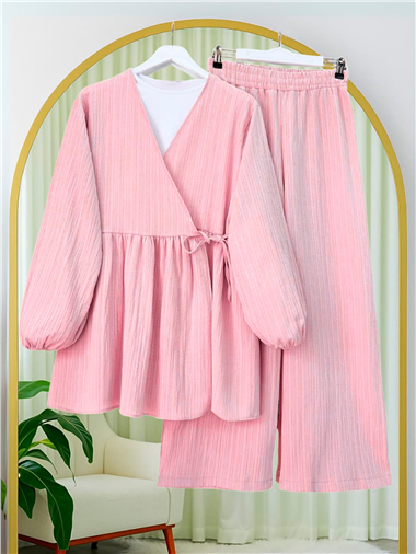 İçten Bağlamalı Tunik Bol Paça Pantolonlu Takım -Pembe