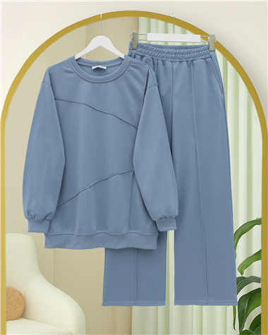 İki İp Çimalı Pantolonlu Penye Takım -Bebe Mavi